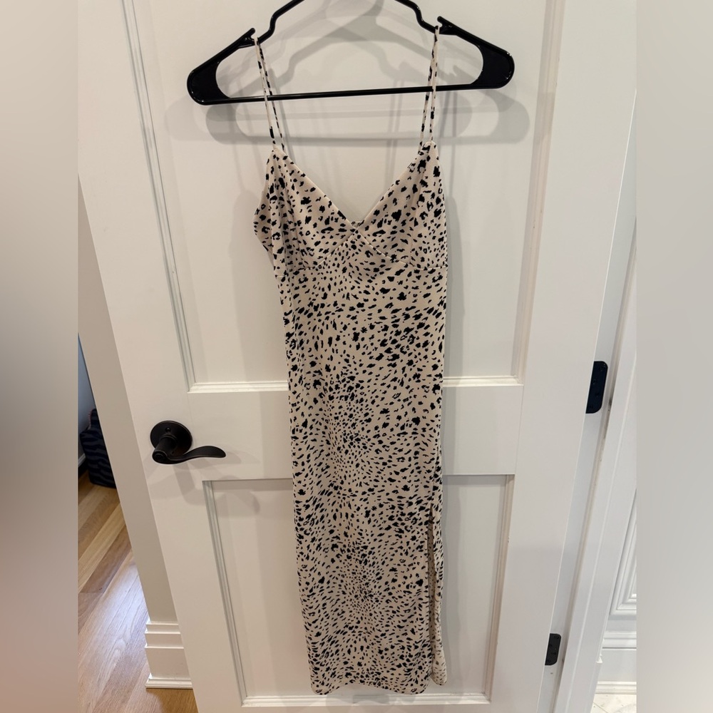 Leopard/Cheetah Print Spaghetti Strap Midi Dress Thigh Slit Tan/Black, Size S